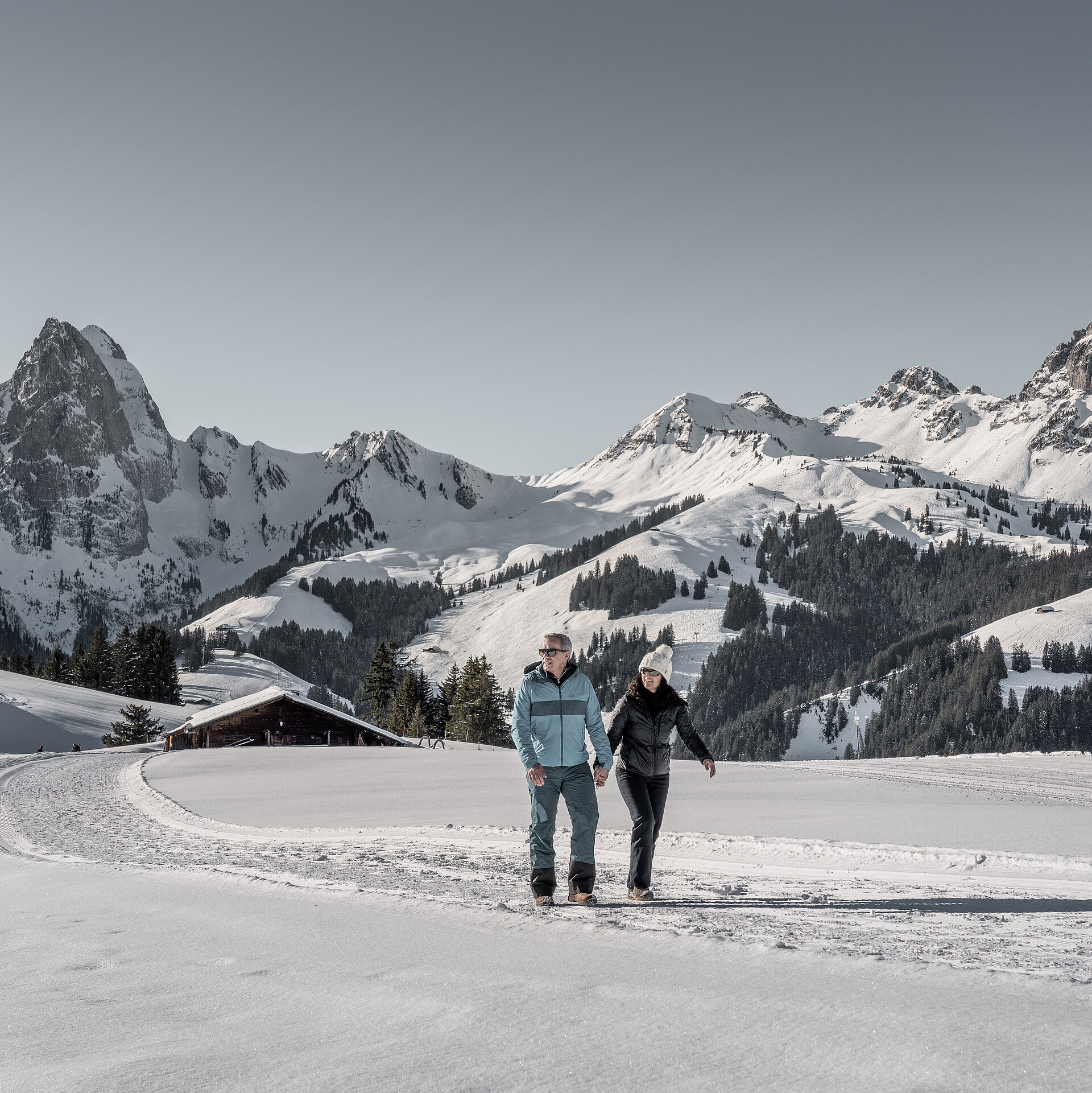 Pärchen wandert Hand in Hand auf einem Winterwanderweg mit verschneiter Bergkulisse