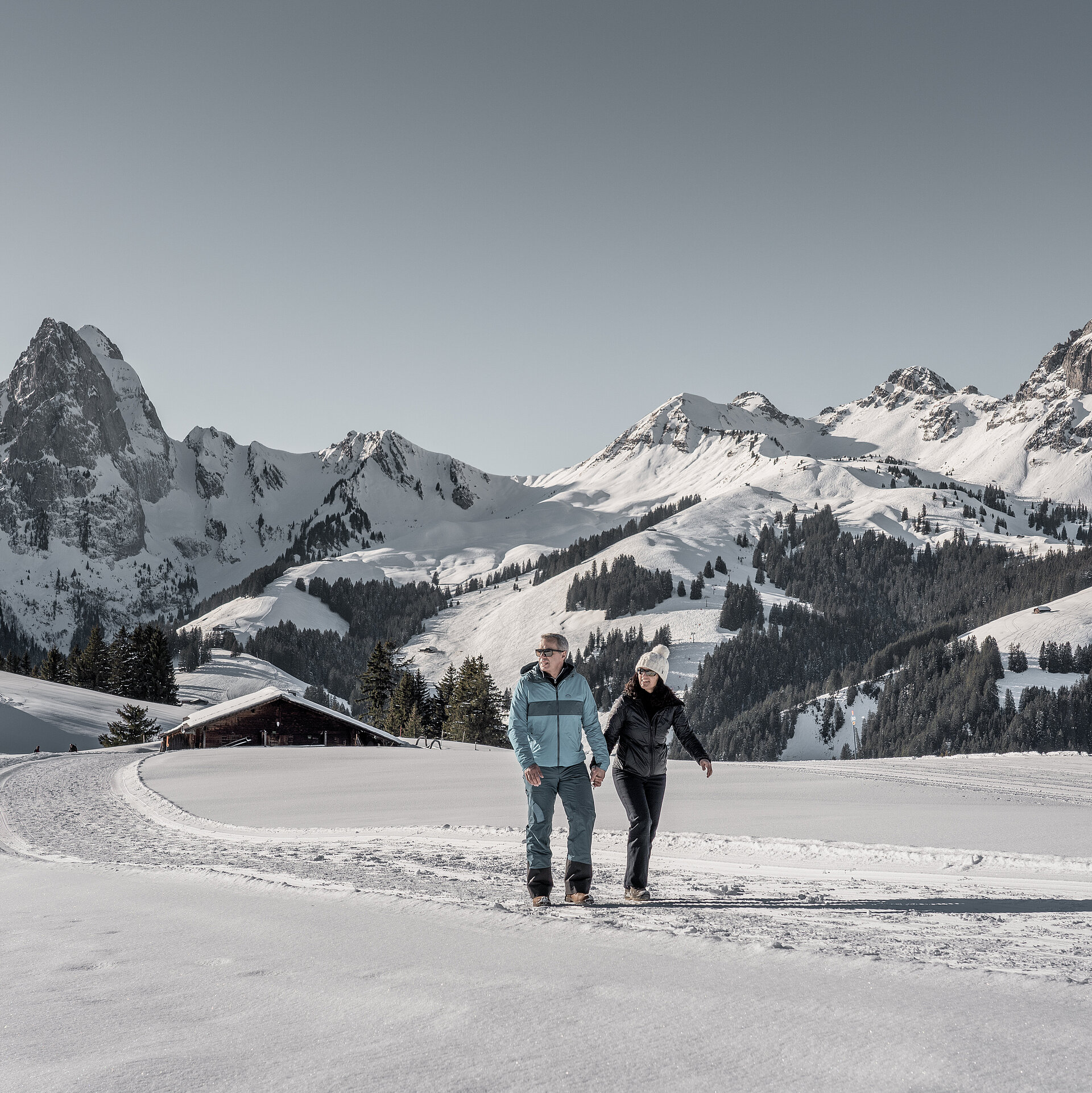 Pärchen wandert Hand in Hand auf einem Winterwanderweg mit verschneiter Bergkulisse